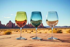 Wine glasses as surreal landscapes with reflections and distortions captured in a palette of cactus green desert sand and azure sky blue photo