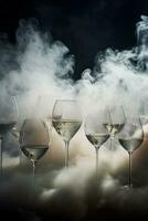 Phantasmagorical display of wine glasses staged amidst dense smoke or mist captured in a palette of ethereal silver cloud white and smoke grey photo