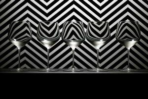 Optical illusion of monochrome patterns in wine glasses using striped backdrops captured in a palette of absolute black pure white and grayscale gradient photo