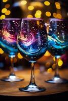 Wine glasses filled with swirling galaxies created from food coloring captured in a palette of cosmic black nebula blue and starlight white photo