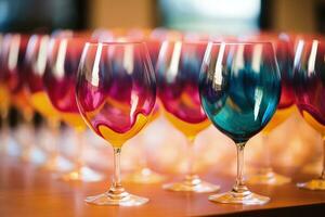 Wine glasses artistically filled with myriad shades of color splashed captured in a palette of vibrant magenta sunshine yellow and deep turquoise photo