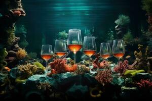 Intricate positioning of wine glasses in underwater environment captured in a palette of deep sea blue coral reef orange and marine green photo