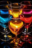 Manipulated light refraction through wine glasses carrying different liquids captured in a palette of radiant ruby red sapphire blue and topaz yellow photo