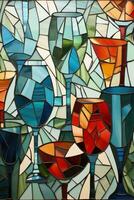 Deconstruction and reconstruction of wine glasses creating intricate mosaic forms captured in a palette of stained glass green cathedral red and mosaic blue photo