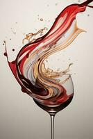 Liquid movements captured within tilting wine glasses portrayed in a palette of burgundy red champagne gold and crystal clear photo