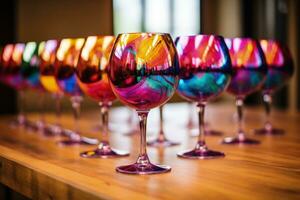 Wine glasses cleverly positioned with diverse mediums for a kaleidoscopic effect captured in a palette of psychedelic purple acid green and electric blue photo