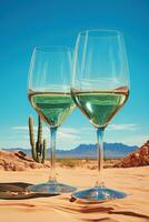 Wine glasses as surreal landscapes with reflections and distortions captured in a palette of cactus green desert sand and azure sky blue photo