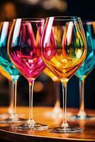 Wine glasses artistically filled with myriad shades of color splashed captured in a palette of vibrant magenta sunshine yellow and deep turquoise photo