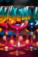 Wine glasses artistically filled with myriad shades of color splashed captured in a palette of vibrant magenta sunshine yellow and deep turquoise photo