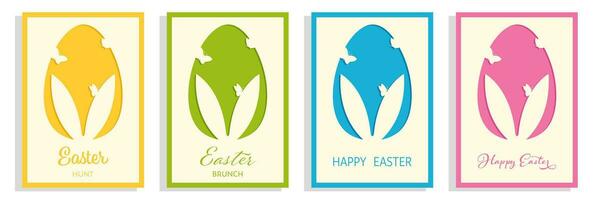 Happy Easter greeting card set. Egg silhouette with rabbit ears and butterflies. vector