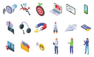 Social media management icons set isometric vector. Agency market content vector