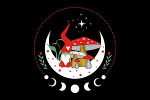 Magic Gnome in the mystical woods of mushrooms on crescent moon and stars. Christmas concept symbol, witchy esoteric fungus and moon phases. Magical Garden troll fairy tale character. Vector isolated