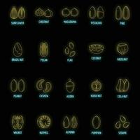 Nut types with signed names icons set vector neon
