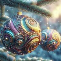 ai generative, a shiny Christmas ball ornament decoration with bokeh winter background photo