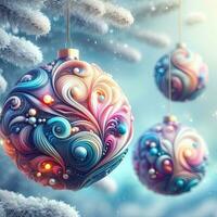 ai generative, a shiny Christmas ball ornament decoration with bokeh winter background photo