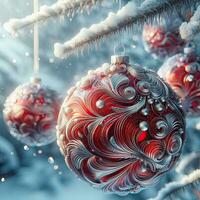 ai generative, a shiny Christmas ball ornament decoration with bokeh winter background photo