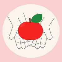 comer un rojo manzana un día. manzana en mano bandera vector