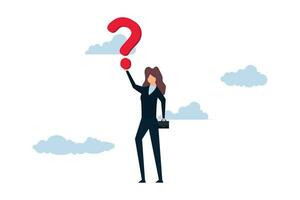 Doubt, inquiry, or problem addressing in business. Businesswoman contemplating options while holding a large question mark. vector