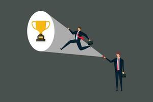 Mentoring or managers support employees to find success careers, boss use flashlight to light the way and help achieve success trophies. vector