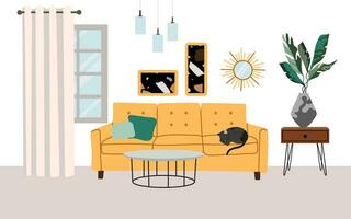 Living room interior, furniture, design elements, modern home. Vector flat style collection of furniture for house.