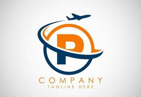 Initial alphabet P with aeroplane. Travel icons. Aviation logo sign, Flying symbol. Flight icon vector