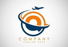 Initial alphabet Q with aeroplane. Travel icons. Aviation logo sign, Flying symbol. Flight icon vector