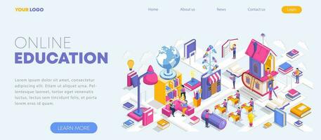 Flat design isometric online education concept. Landing page template for training courses, tutorials, and lectures. Vector illustration for web banner and website.