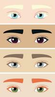 conjunto de diferente ojos y Cejas colores. mundo visión día y mundo retina día. retina de diferente colores vector