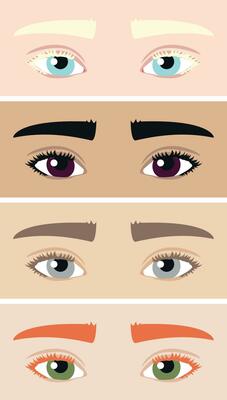 Set of different eyes and eyebrows colors. World Sight Day and World Retina Day. Retina of different colors