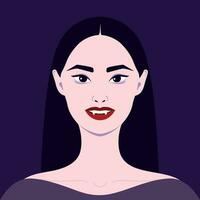 Portrait of a beautiful vampire woman with black hair and red lips. Vector illustration