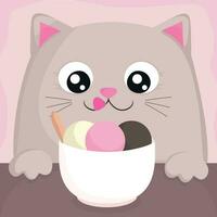 Cute smiling cartoon cat is getting ready to eat ice cream. Cat looking forward to ice cream. Vector illustration