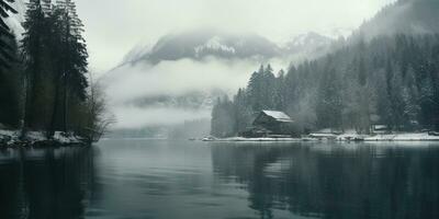 Generative AI, Winter aesthetic landscape with house panorama, muted neutral colors, forest and mountains.. photo