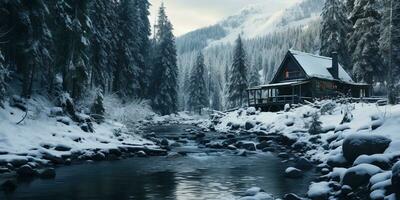 generativo ai, invierno estético paisaje con casa panorama, apagado neutral colores, bosque y montañas.. foto