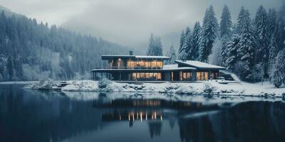 Generative AI, Winter aesthetic landscape with house panorama, muted neutral colors, forest and mountains.. photo