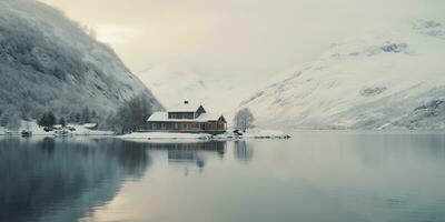 Generative AI, Winter aesthetic landscape with house panorama, muted neutral colors, forest and mountains.. photo