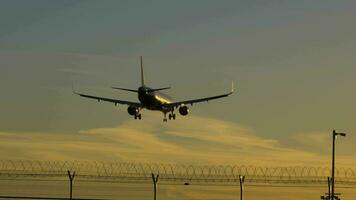 silhueta do avião aterrissagem às a aeroporto às ensolarado pôr do sol. lento movimento. traseiro Visão video