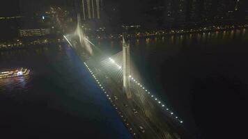 Bridge in Guangzhou City, Car Traffic at Night. Guangdong, China. Aerial View. Drone is Orbiting video