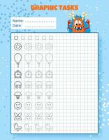 Drawing by cells. Educational game for preschool children. Worksheets with monster for practicing logic, motor skills. Graphic tasks for kids with different objects and elements. Vector illustration