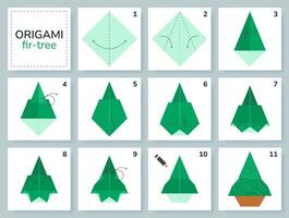 Fir origami scheme tutorial moving model. Origami for kids. Step by step how to make a cute origami fir-tree. Vector illustration.