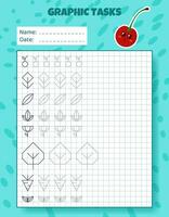 Drawing by cells. Educational game for preschool children. Worksheets with cherry for practicing logic, motor skills. Graphic tasks for kids with different objects and elements. Vector illustration.