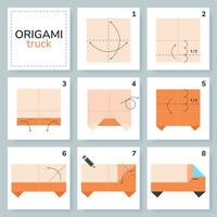 Truck origami scheme tutorial moving model. Origami for kids. Step by step how to make a cute origami transport. Vector illustration.