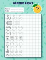 Drawing by cells. Educational game for preschool children. Worksheets with orange for practicing logic, motor skills. Graphic tasks for kids with different objects and elements. Vector illustration.