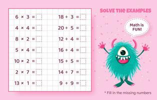 Solve the examples. Multiplication and division up to 20. Mathematical puzzle game. Worksheet for preschool kids. Vector illustration. Cartoon educational game with cute monster for children.