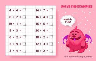 Solve the examples. Multiplication and division up to 20. Mathematical puzzle game. Worksheet for preschool kids. Vector illustration. Cartoon educational game with cute monster for children.