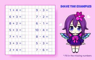 Solve the examples. Addition and subtraction up to 10. Mathematical puzzle game. Worksheet for preschool kids. Vector illustration. Cartoon educational game with cute anime girl for children.