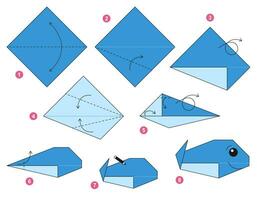 Whale origami scheme tutorial moving model. Origami for kids. Step by step how to make a cute origami marine animal. Vector illustration.