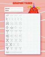 Drawing by cells. Educational game for preschool children. Worksheets with monster for practicing logic, motor skills. Graphic tasks for kids with different objects and elements. Vector illustration