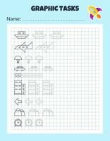 Drawing by cells. Educational game for preschool children. Worksheets for practicing logic and motor skills. Game for kids. Graphic tasks with different objects and elements. Vector illustration