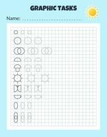 Drawing by cells. Educational game for preschool children. Worksheets for practicing logic and motor skills. Game for kids. Graphic tasks with different objects and elements. Vector illustration