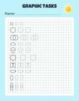 Drawing by cells. Educational game for preschool children. Worksheets for practicing logic and motor skills. Game for kids. Graphic tasks with different objects and elements. Vector illustration